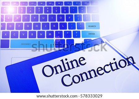 Online Connection word in business concepts, technology background in laptop and notepad