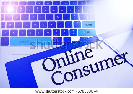 Online Consumer word in business concepts, technology background in laptop and notepad