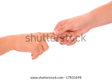 Young woman and children girl handshake isolated on white background