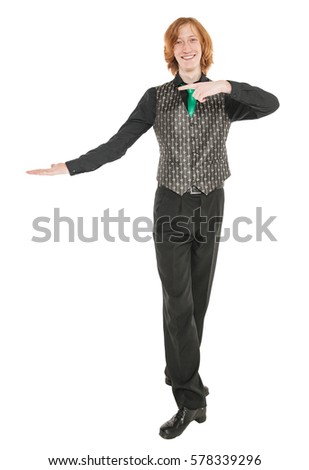 Young man in costume for irish dance showing on something isolated