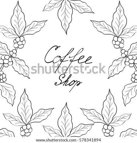 Organic coffee leaf, bean hand drawn template, banner, lettering, sketch style.