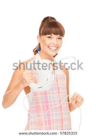 bright picture of beautiful housewife with mixer over white