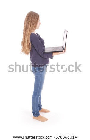 Smiling student teenage girl with laptop isolated on white