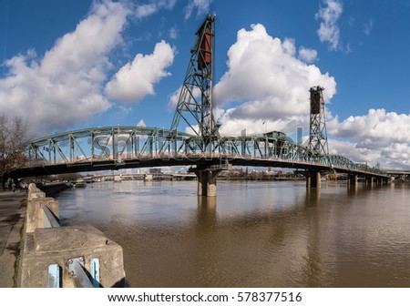 Hawthorne Bridge over Willamette River, Sky and Clouds in Portland Oregon Panoramic