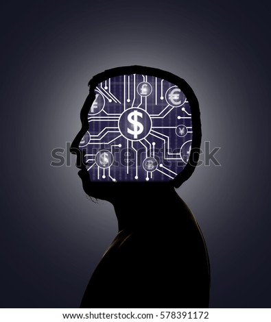 Silhouette of human head with photo of FINTECH connection over the technology and digital number, Science healthy education cand fintech oncept.