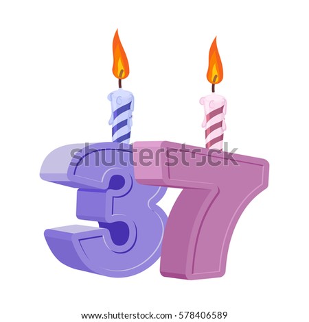 37 years birthday. Number with festive candle for holiday cake. Thirty seven Anniversary
