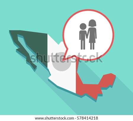 Illustration of a long shadow Mexico map, its flag and a balloon with a childhood pictogram
