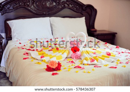 White two towel swans and red rose on the bed in Honey moon suit.