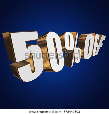 50 percent off letters on blue background. 3d render isolated.