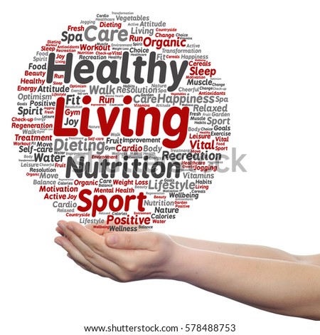 Concept or conceptual healthy living positive nutrition or sport circle word cloud in hand isolated on background metaphor to happiness, care, organic, recreation workout, beauty, vital healthcare spa