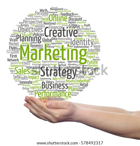Concept or conceptual business marketing target word cloud in hand isolated on background metaphor to advertising, strategy, promotion, branding, value, performance, planning, challenge or development