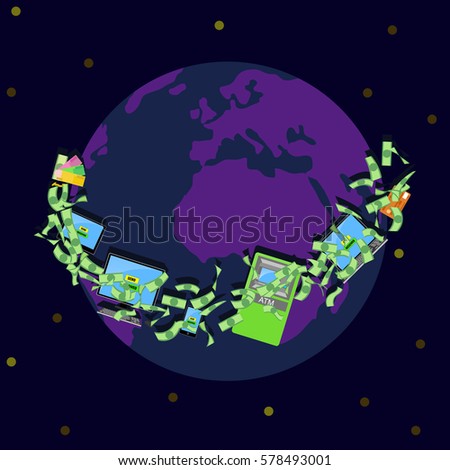 Money circulation around Earth. Computer, phone, ATM, card and cash. World remittance infographic. Vector illustration flat style.