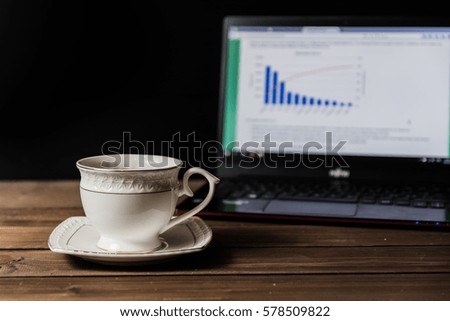 Cup on working table with computer on background