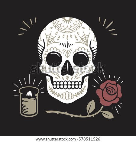 Hipster Day of the Dead Skull with rose and candle