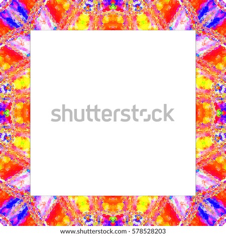 Rectangular frame of symmetrical melting colorful abstract kaleidoscopic pattern with a white empty space inside for your text or image. Aspect ratio 1:1