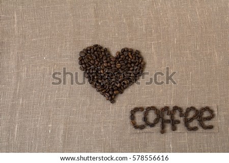 Roasted coffee beans, flax, coffee word in the English language, coffee, card, English, heart,