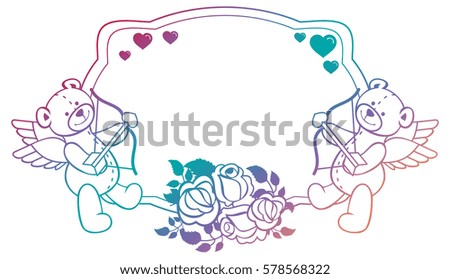 Gradient color label with outline roses and teddy bear with bow and wings, looks like a Cupid. Copy space. Raster clip art.