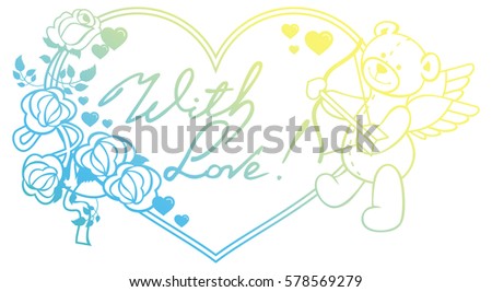 Gradient color heart shaped label with outline roses and teddy bear with bow and wings, looks like a Cupid.  Raster clip art.