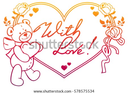 Gradient color heart-shaped frame with outline roses, teddy bear holding heart. Valentine Day background. Raster clip art.
