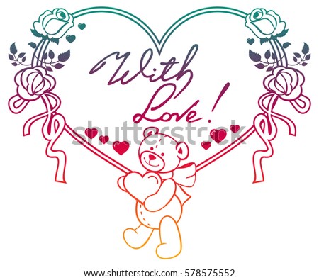 Gradient color heart-shaped frame with outline roses, teddy bear holding heart. Valentine Day background. Raster clip art.
