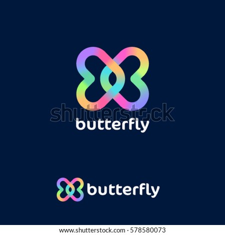 Butterfly logo. Love emblem. Dating website logo. Cosmetic logo.
Two colorful twisted hearts on a dark background.