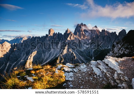 Scenic surroundings of the national park Tre Cime di Lavaredo. Dramatic and gorgeous scene. Location place Misurina range, Dolomiti alp, South Tyrol, Italy, Europe. Beauty world. Artistic picture.