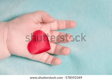 Red heart in the hand of a baby on a blue background