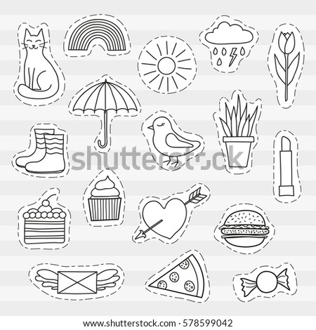 Set of different uncolored white stickers, badges, pins isolated on grey background. Pop art patches for design.
