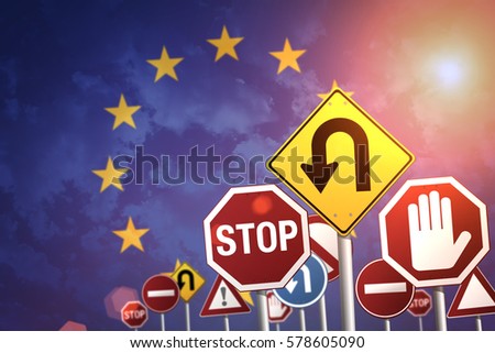 Road stop sign on a background of Europe flag