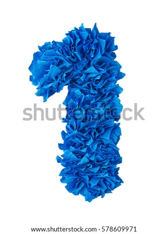 One. Handmade number 1 from blue crepe paper isolated on white background. Set of numbers from scraps of paper
