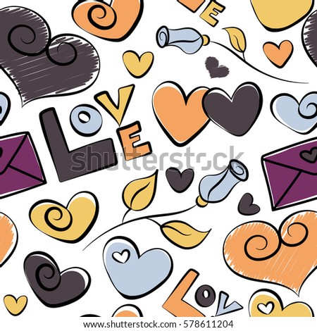 Modern seamless pattern on white backdrop. Can be used for wallpaper, pattern fills, fabric, textile, gifts, wrapping paper, scrapbooking. Gray, yellow and purple hearts, love text and letter.