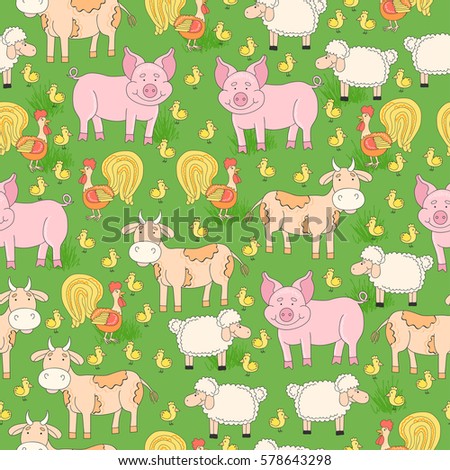 Farm animal. Seamless pattern with pig, cow, cock, chicken and sheep on a natural background. 