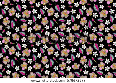 Raster seamless pattern of tropical hibiscus flowers, dense jungle. Hand painted. Pattern in orange and green colors with tropic summertime motif may be used as texture, wrapping paper, textile design