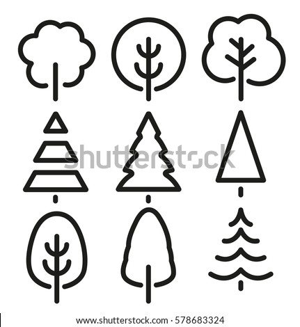 Isolated black and white color trees in lineart style set, forest, park and garden tree flat signs collection