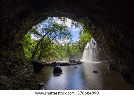 Amazing beautiful waterfalls in tropical forest at Haew Suwat Waterfall in Khao Yai National Park, Thailand 