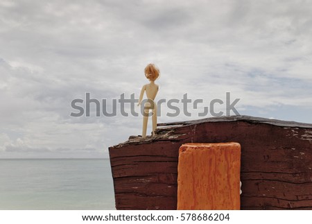 Puppet standing on a piece of wood facing the sea