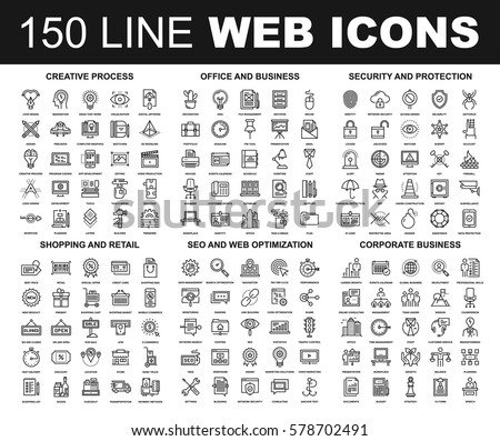 Vector set of 150 flat line web icons on following themes - creative process, corporate business, office and business, security and protection, shopping and retail, SEO and web optimization Royalty-Free Stock Photo #578702491