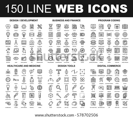 Vector set of 150 flat line web icons on following themes - design and development, business and finance, program coding, healthcare and medicine, design tools, digital commerce Royalty-Free Stock Photo #578702506