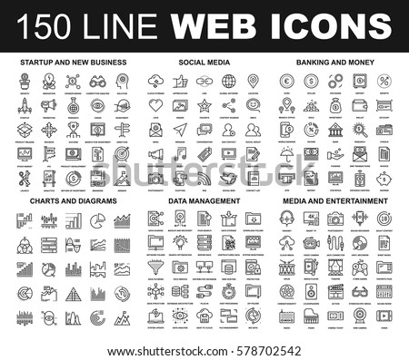 Vector set of 150 flat line web icons on following themes - startup and new business, social media, banking and money, charts and diagrams, data management, media and entertainment Royalty-Free Stock Photo #578702542