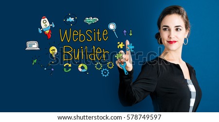 Website Builder text with business woman on a dark blue background