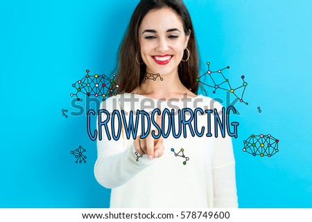 Crowdsourcing text with young woman on a blue background
