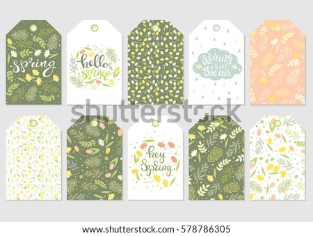 Cute gift tags set. Spring floral patterns, handwritten text. Flowers mimosa, narcissus and tulips, green leaves. Vector illustration.