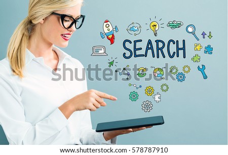 Search text with business woman using a tablet