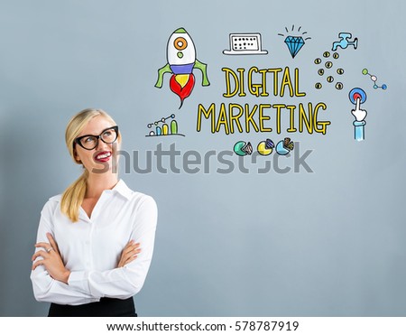 Digital Marketing text with business woman on a gray background
