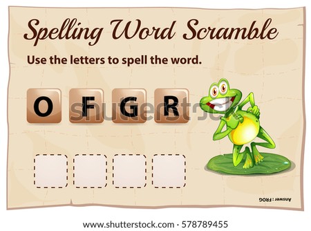 Spelling word scramble template with word frog illustration