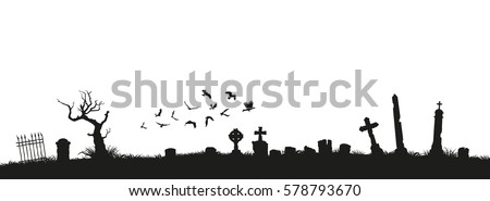 Black silhouettes of tombstones, crosses and gravestones. Elements of cemetery. Graveyard panorama. Vector illustration Royalty-Free Stock Photo #578793670
