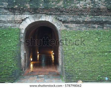 old antique cave temple buddha in chiang mai thailand kingdom with history and peaceful and moss wall