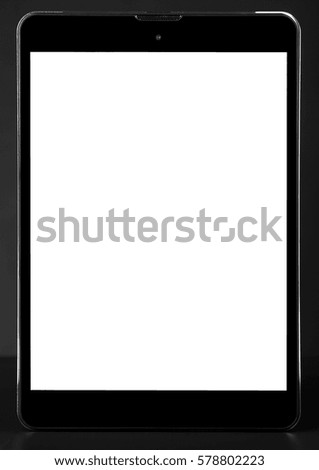 Tablet black silver metal on black background with shadow cutout isolated without screen side