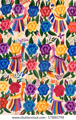 Fragment of colorful retro tapestry textile pattern with floral ornament useful as background