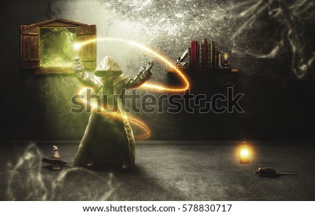 Wizard casting a spell on a fantasy monster. It is a doll, not a real person. Royalty-Free Stock Photo #578830717